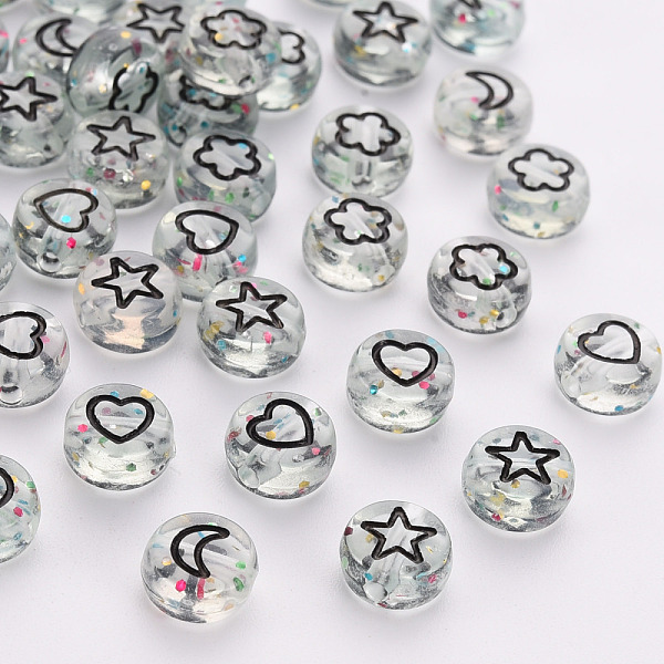 

PandaHall Transparent Clear Acrylic Beads, with Glitter Powder, Flat Round with Black Moon & Heart & Flower & Star, 7x3.5mm, Hole: 1.5mm...