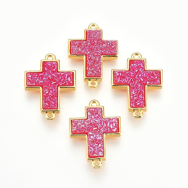 

PandaHall Brass Links connectors, with Druzy Resin, Cross, Golden, Deep Pink, 22x16x4~5mm, Hole: 1.2mm Brass+Resin Cross Pink