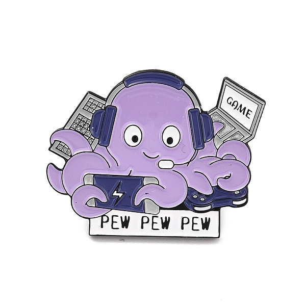 PandaHall Game Pew Pew Pew Word Enamel Pin, Octopus Play Computer Alloy Enamel Brooch for Backpack Clothes, Electrophoresis Black, Lilac...