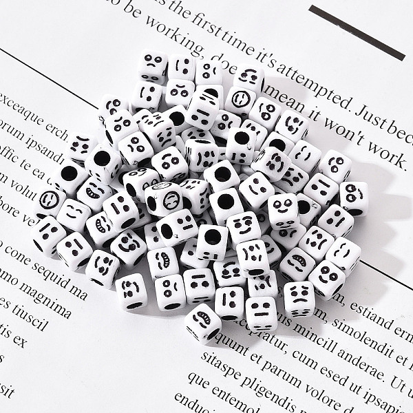 

PandaHall Craft White Acrylic Beads, Cube with Black Mixed Expression, 6x6x6mm, Hole: 3.5mm, about 100pcs/bag Acrylic Cube White