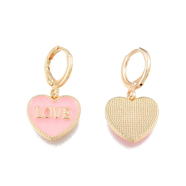 

PandaHall Heart with Word Love Enamel Dangle Leverback Earrings, Real 18K Gold Plated Brass Jewelry for Women, Cadmium Free & Nickel Free &..., Pink