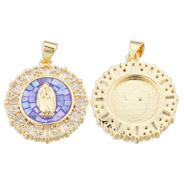 

PandaHall Brass Micro Pave Clear Cubic Zirconia Pendants, with Enamel and Shell, Real 18K Gold Plated, Nickel Free, Flat Round with Virgin...