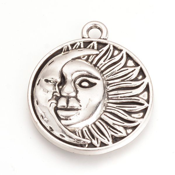 

PandaHall Tibetan Style Alloy Pendants, Flat Round with Moon and Sun, Cadmium Free & Lead Free, Antique Silver, 29x25x3mm, Hole: 2.5mm...