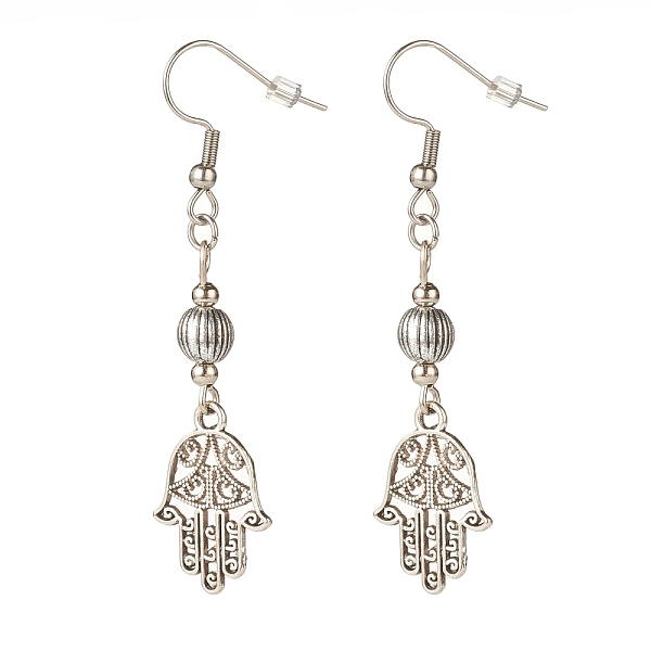 

PandaHall Alloy Hamsa Hand Dangle Earrings, Long Drop Earrings for Women, Antique Silver, 59mm, Pin: 0.6mm Alloy