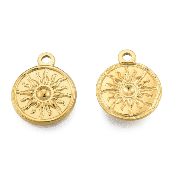 

PandaHall Ion Plating(IP) 201 Stainless Steel Pendants, Flat Round with Sun, Real 18K Gold Plated, 19x15.5x2mm, Hole: 1.8mm 201 Stainless...