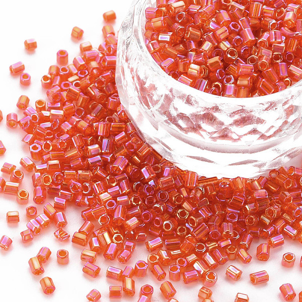 

PandaHall Glass Bugle Beads, Transparent Colours Rainbow, Orange Red, 2.5~3x2mm, Hole: 0.9mm, about 15000pcs/pound Glass