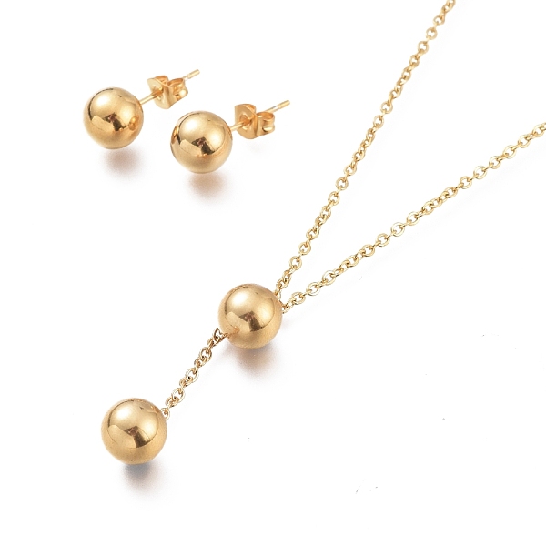 PandaHall Ball Pendant 304 Stainless Steel Jewelry Sets, Cable Chains Necklaces and Stud Earrings, with Ear Nuts and Lobster Claw Clasps...