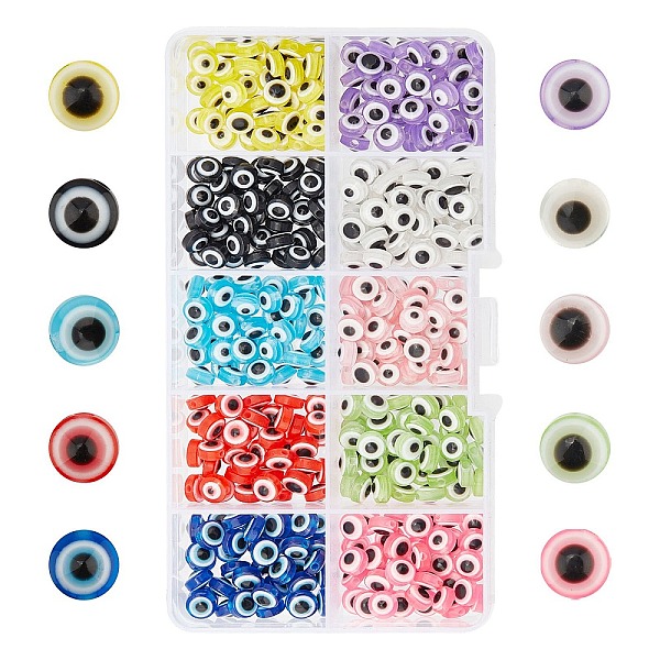 

PandaHall Resin Beads, Flat Round with Evil Eye, Mixed Color, 7.5~8x5~5.5mm, Hole: 1.6mm, 10 colors, 40pcs/color, 400pcs/box Resin Evil Eye..., Multicolor