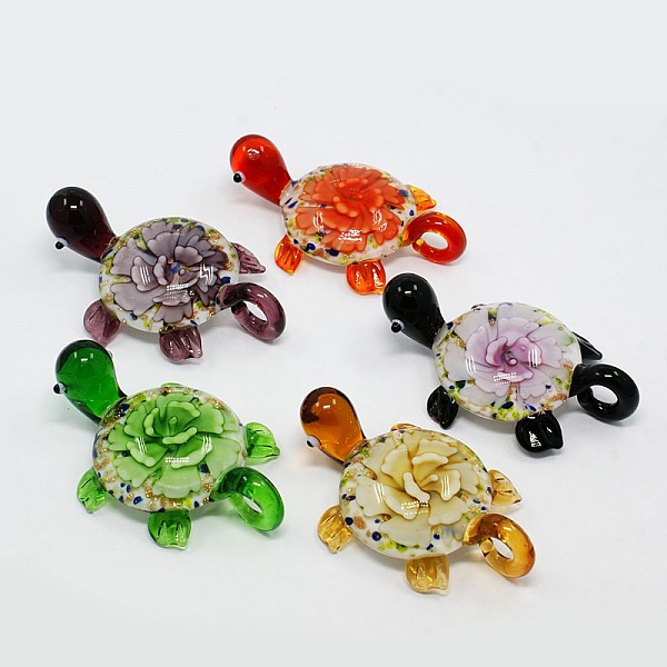

PandaHall Handmade Inner Flower Gold Sand Lampwork Pendants, Tortoise, Mixed Color, 56x36x9mm, Hole: 7mm Lampwork Tortoise Multicolor