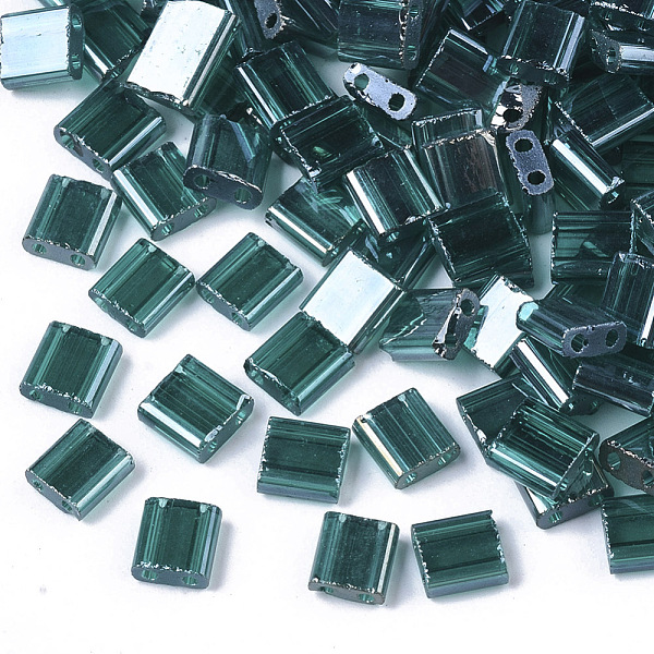 

PandaHall 2-Hole Glass Seed Beads, Transparent Colours Luster, Rectangle, Teal, 5x4.5~5.5x2~2.5mm, Hole: 0.5~0.8mm Glass Rectangle Cyan