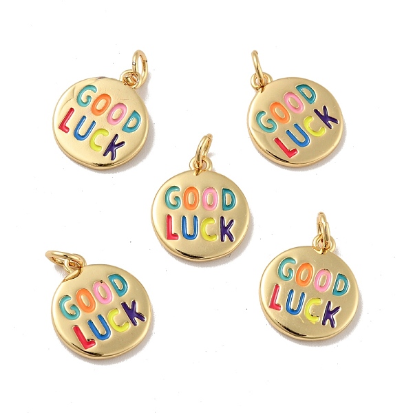 

PandaHall Flat Round with Word Good Luck Brass Enamel Pendants, with Jump Rings, Cadmium Free & Nickel Free & Lead Fre, Real 18K Gold Plated...