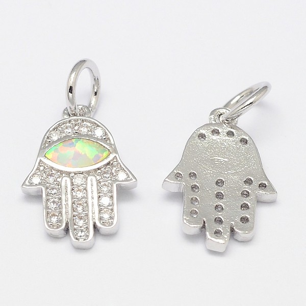 

PandaHall Brass Micro Pave Cubic Zirconia Charms, with Synthetic Opal, Hamsa Hand/Hand of Fatima/Hand of Miriam with Horse Eye, White...