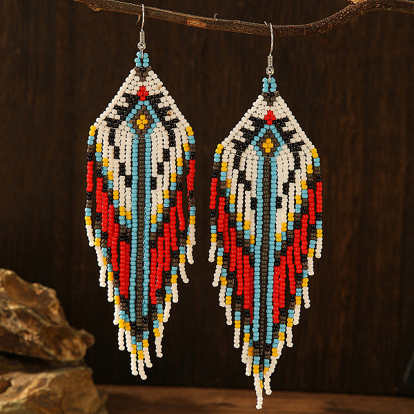 

PandaHall Bohemian Style Geometric Glass Bead Tassel Earrings for Women, Dangle Earrings, Multi Colours Glass Others