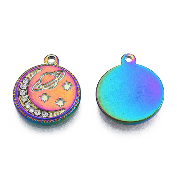 

PandaHall 304 Stainless Steel Pendants, with Crystal Rhinestone, Flat Round with Moon & Planet, Rainbow Color, 16.5x14x2mm, Hole: 1.4mm..., Clear