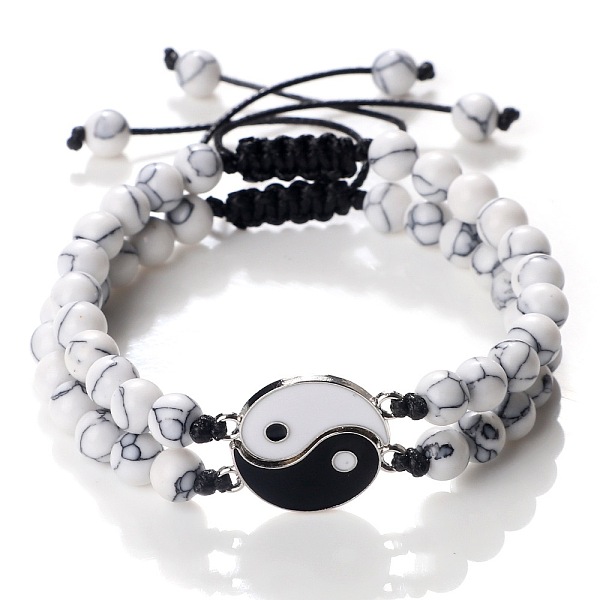 

PandaHall Black and White Yin Yang Natural Howlite Braided Bracelets, Valentine's Day Adjustable Bracelets for Women Men Howlite Yin-yang