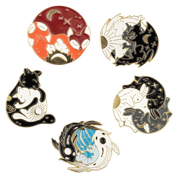 

PandaHall 5Pcs 5 Style Creative Zinc Alloy Brooches, Enamel Lapel Pin, with Iron Butterfly Clutches or Rubber Clutches, Flat Round & Fish &..., Multicolor