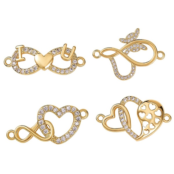 

PandaHall 4Pcs 4 Style Brass Micro Pave Clear Cubic Zirconia Links Connectors, Infinity & Heart, Real 18K Gold Plated, 8.5~18x23~25x2~2.5mm...