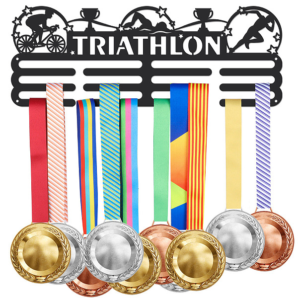 

PandaHall Iron Medal Holder Frame, Medals Display Hanger Rack, 3 Lines, with Screws, Rectangle with Word Thiathlon, Sports Themed Pattern...