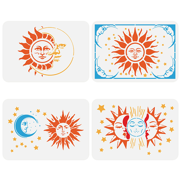 

PandaHall 4Pcs 4 Styles PET Hollow Out Drawing Painting Stencils, for DIY Scrapbook, Photo Album, Sun, 297x210mm, 1pc/style Plastic Sun