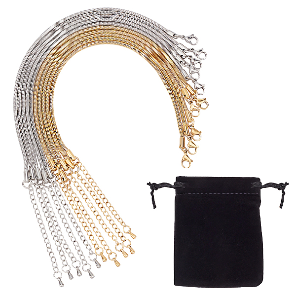 

PandaHall ARRICRAFT 10Pcs 2 Colors 304 Stainless Steel Snake Chain Bracelets, with Rectangle Velvet Pouches, Platinum & Golden, 7-7/8 inch..., Black