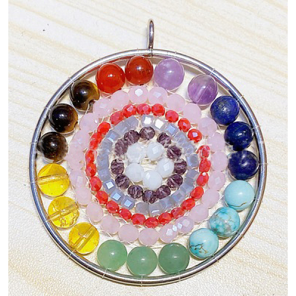 

PandaHall Chakra Themed Jewelry, Natural & Synthetic Mixed Gemstone Big Pendants, with Glass and Stainless Steel Finding, Flat Round, Mixed..., Multicolor