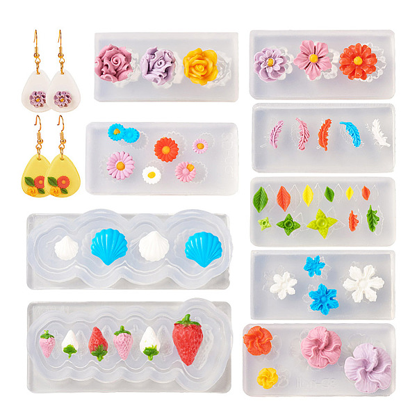 

PandaHall 9Pcs 9 Style DIY Shell/Flower/Leaf/Feather Shape Earring Ornament Silicone Molds, Resin Casting Molds, for UV Resin & Epoxy Resin..., White