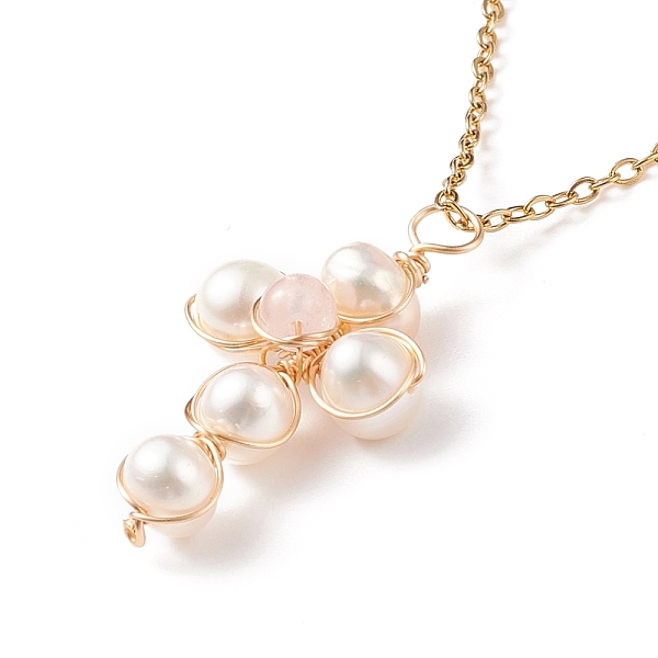 

PandaHall Natural Rose Quartz & Pearl Braided Cross Pendant Necklace, 304 Stainless Steel Wire Wrap Jewelry for Women, 17.72 inch(45cm) Rose...