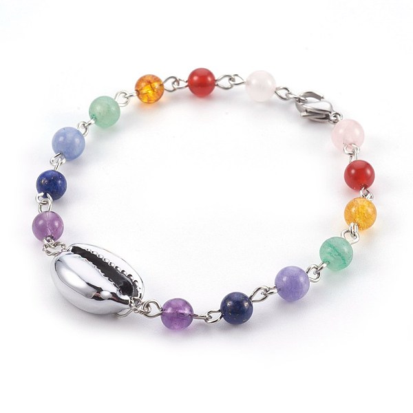 

PandaHall Natural Mixed Stone Beads Bracelets, with Electroplated Shell Beads, Cowrie Shells, 8-1/8 inch(20.5cm) Mixed Stone