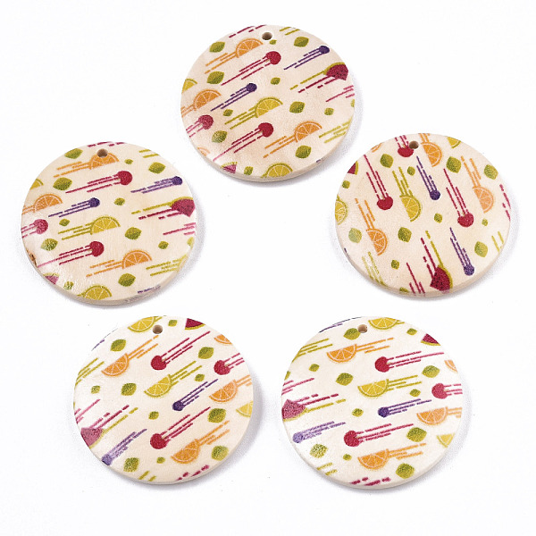 

PandaHall Fruit Seris Printed Wood Pendants, Flat Round with Orange Pattern, Seashell Color, 50x5mm, Hole: 1.6mm Wood Flat Round