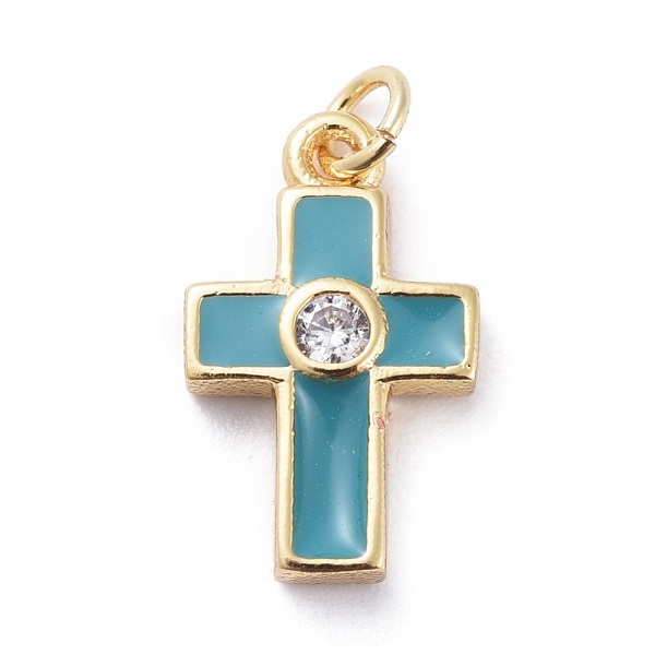 

PandaHall Cubic Zirconia Tiny Cross Charms, with Brass Findings and Enamel, Golden, Dark Cyan, 15x9x2.5mm, Hole: 1.8mm Brass+Cubic...