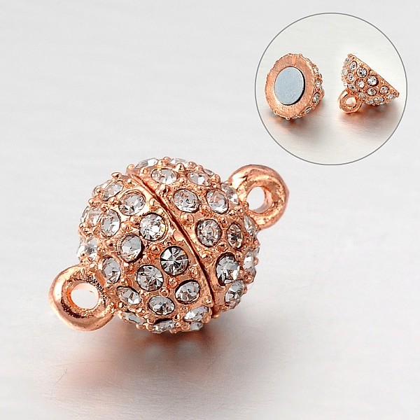 

PandaHall Round Alloy Rhinestone Magnetic Clasps with Loops, Rose Gold, 16x10mm, Hole: 1mm Alloy+Rhinestone Round Clear