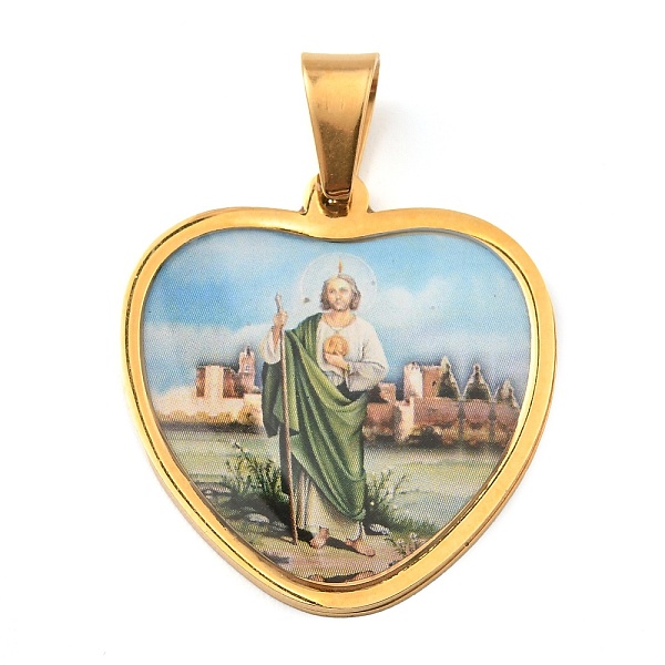 

PandaHall Ion Plating(IP) 304 Stainless Steel Pendants, with Enamel, Heart with Saint Charm, Religion, Golden, 31x29x2mm, Hole: 9x5.5mm...