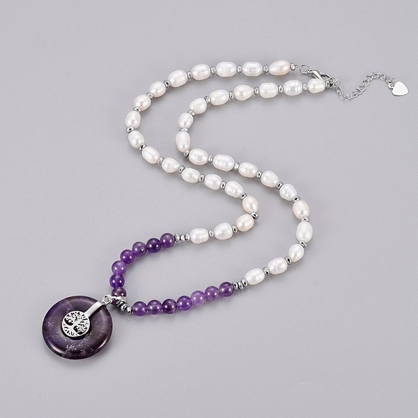 

PandaHall Natural Amethyst Pendant Necklace, with Pearl Beads, Brass Findings and Hematite Beads, Flat Round with Tree of Life, 21.06 inch...