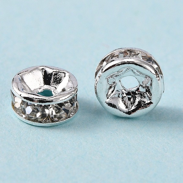 

PandaHall Brass Grade A Rhinestone Spacer Beads, Silver Color Plated, Nickel Free, Crystal, 6x3mm, Hole: 1mm Brass+Rhinestone Rondelle Clear