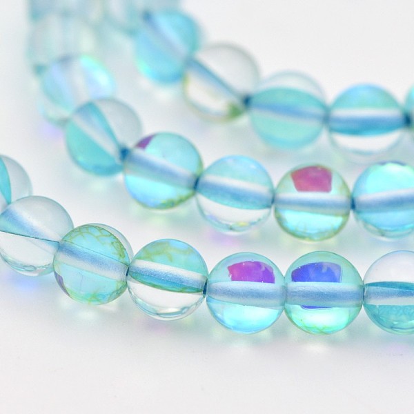 

PandaHall Round Synthetic Moonstone Beads Strands, Holographic Beads, Dyed, Light Sky Blue, 8mm, Hole: 1mm, about 45~47pcs/strand, 14~15...
