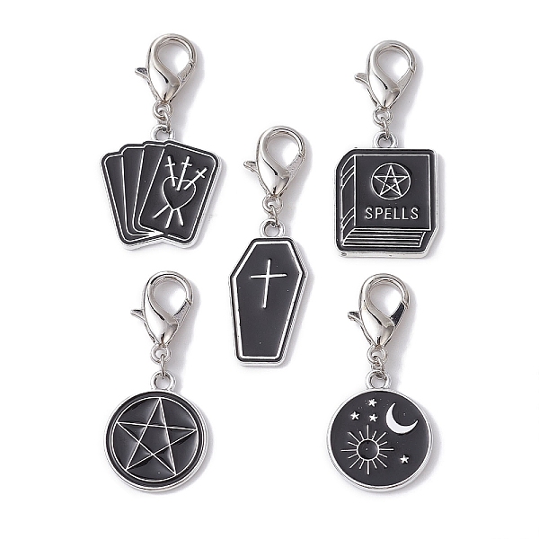 

PandaHall Alloy Enamel Pendants Decorations, with Alloy Lobster Claw Clasps, Coffin & Book & Flat Round with Star & Moon, Black, 37~42mm...