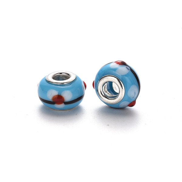 

PandaHall Handmade Lampwork European Beads, Bumpy, Large Hole Rondelle Beads, with Platinum Tone Brass Double Cores, Rondelle with Flower...