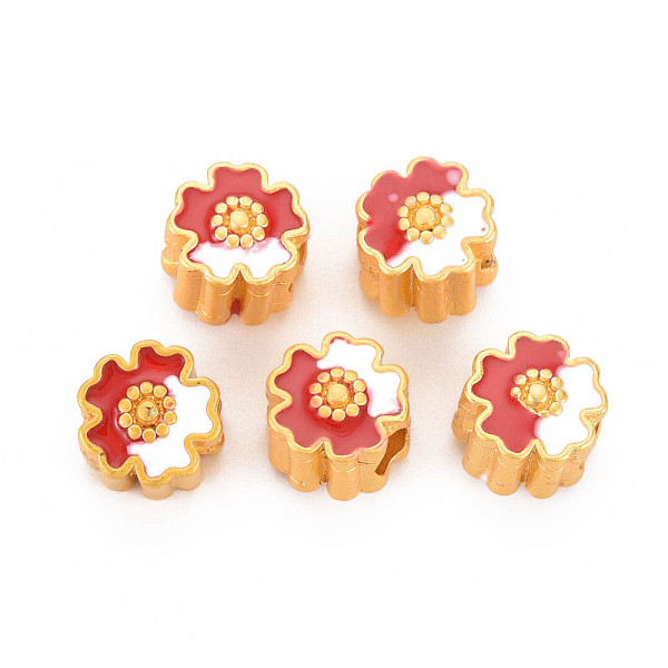 

PandaHall Rack Plating Alloy Enamel Beads, Cadmium Free & Nickel Free & Lead Free, Matte Gold Color, Flower, Red, 9x9.5x7.5mm, Hole: 3.5mm...