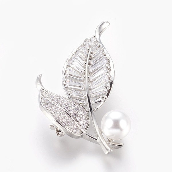 

PandaHall Brass Cubic Zirconia Brooches, with Acrylic Pearl, Leaf, Platinum, 51x26.5mm Brass+Cubic Zirconia Clear