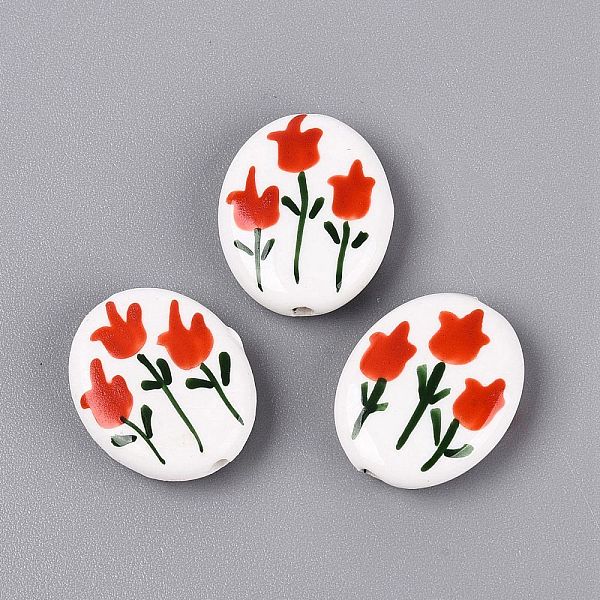 手描きのチューリップの花の楕円形磁器ビーズ