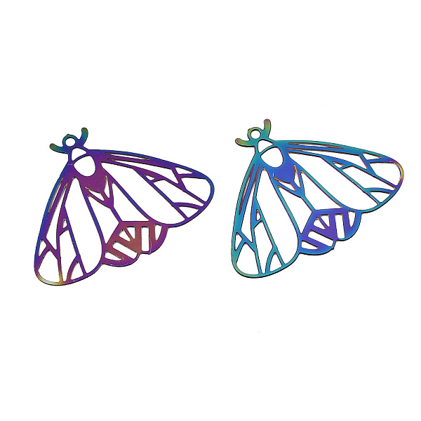 

PandaHall Ion Plating(IP) 201 Stainless Steel Filigree Pendants, Etched Metal Embellishments, Moth, Rainbow Color, 21.5x27x0.3mm, Hole...