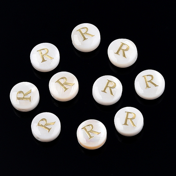 

PandaHall Natural Freshwater Shell Beads, with Golden Plated Brass Etched Metal Embellishments, Flat Round with Letter, Letter R...
