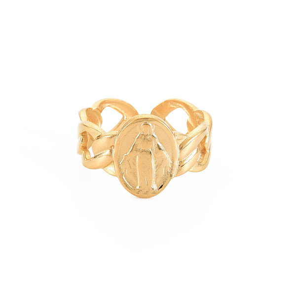 

PandaHall Ion Plating(IP) 304 Stainless Steel Flat Round with Virgin Mary Open Cuff Ring for Women, Nickel Free, Real 18K Gold Plated, US...