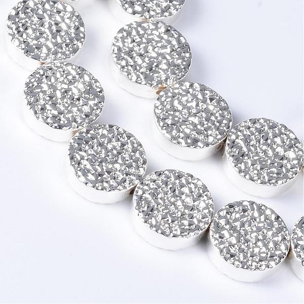 

PandaHall Electroplate Non-magnetic Synthetic Hematite Bead Strands, Flat Round, Silver Plated, 12~13x4~4.5mm, Hole: 1mm, about 32pcs/strand...