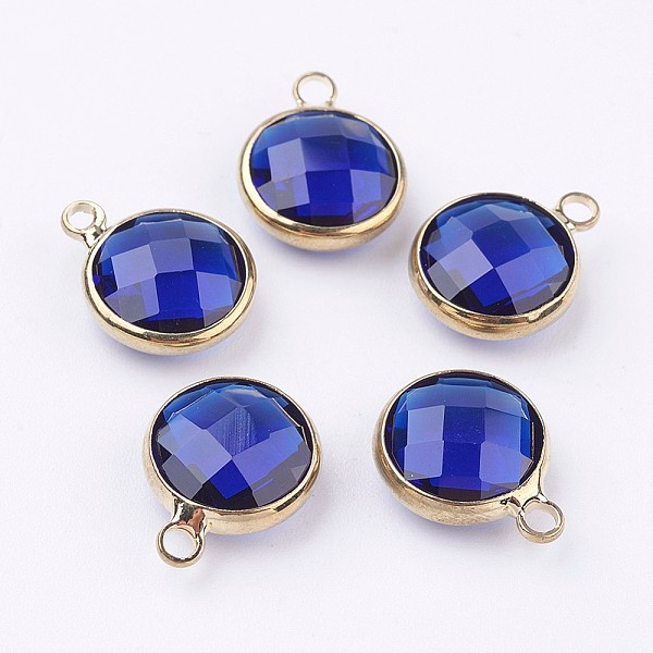 

PandaHall Golden Tone Brass Glass Flat Round Charms, Faceted, Blue, 18x14x5.5mm, Hole: 1.5mm Brass+Glass Flat Round Blue
