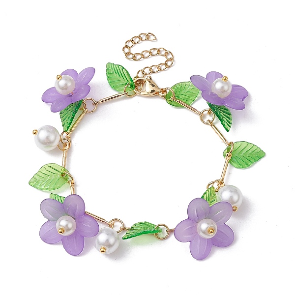

PandaHall Acrylic Flower & Glass Pearl Charm Bracelets, with Brass Chains, Lilac, 6-7/8~7-1/8 inch(17.5~18cm) Brass Flower Purple