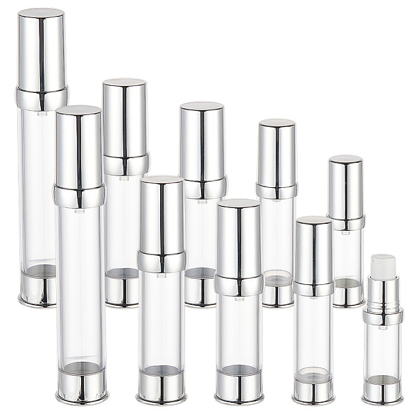

PandaHall Olycraft 10Pcs 5 Styles Plastic Pump Bottles, with Alumite Cover, Refillable Lotion Bottle, Column, Platinum..., Clear