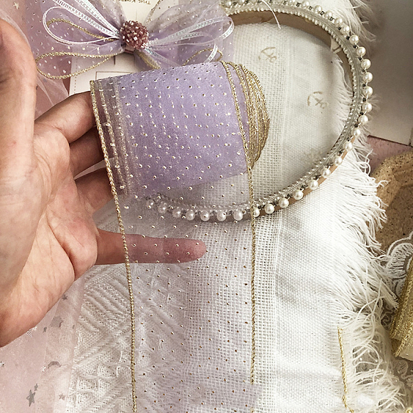 

PandaHall Serging Seersucker Ribbon, for Bowknot Tie, with Gold Point, Sew on Hair Barrette Accessories, Lavender, 2-3/4 inch(70mm), about..., Purple