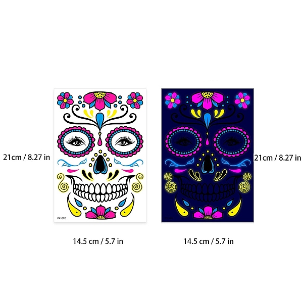 

PandaHall Heat Tranfer Luminous Printing Body Art Face Tattoo Sticker, Skull, for Halloween, Colorful, 21x14.5cm Plastic Skull