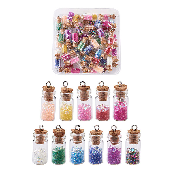 

PandaHall Glass Wishing Bottle Pendant Decorations, with Resin Rhinestone and Glass Micro Beads inside, Cork Stopper and Platinum Iron Screw..., Multicolor
